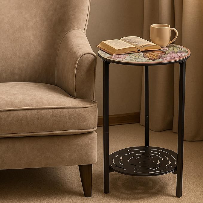 2 Packs Two-Tier Metal Round Side Table Set of Two Black Accent Coffee Tables - Image 2