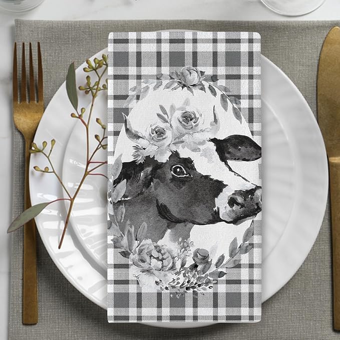 Farm Animal Kitchen Dish Towels Set of 2, Farmhouse Pig Cow Black White Buffalo - Image 5
