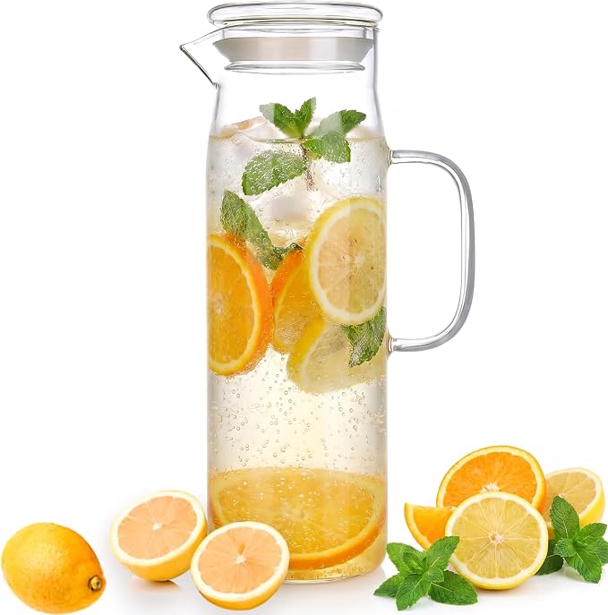 hjn Glass Pitcher with Lid Glass Water Carafe with Handle, Fridge Water Jug by hjn