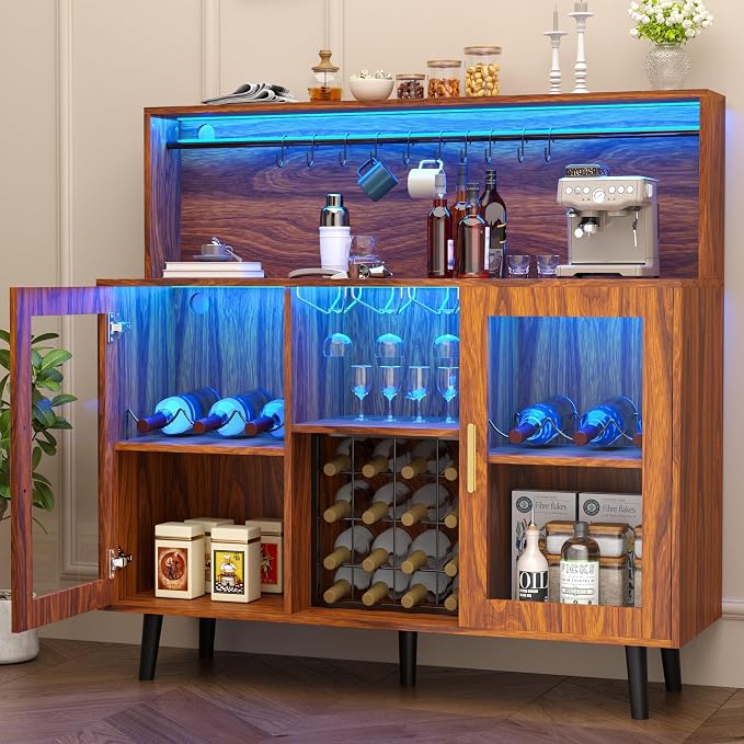 TITIMO Wine Bar Cabinet with LED Light, Coffee Cabinet with Wine Rack and Glass by TITIMO