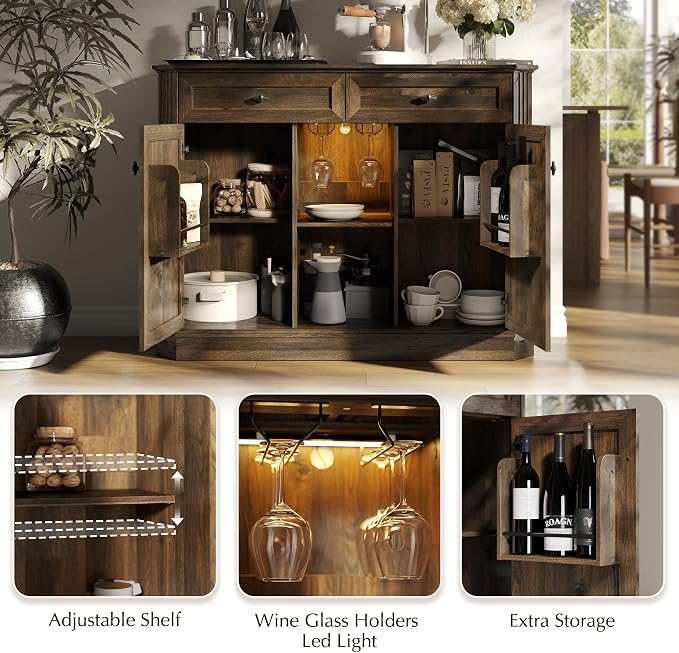 47" Wine Bar Cabinet with LED Light & Power Outlets, 2 Door Coffee Bar Cabinet - Image 4