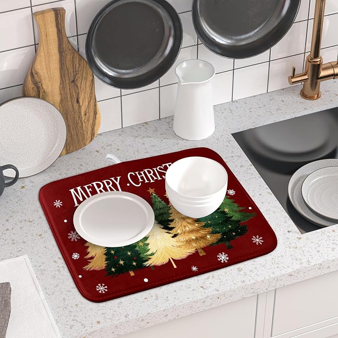 Xmas Tree Red Dish Drying Mat for Kitchen Counter, Winter Snowflake Drying Mat - Image 6