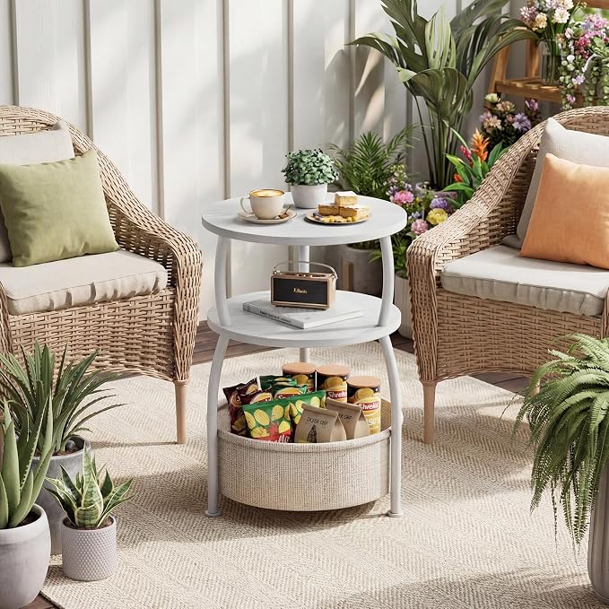 Round Side Table with Storage Basket, End Table Living Room, 15.7in | Side - Image 9