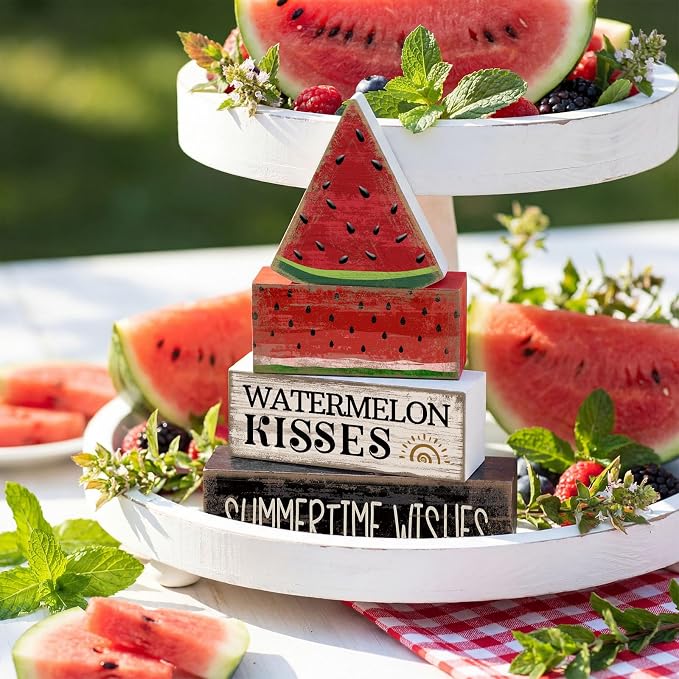 Lineshading 4 Pcs Summer Table Decor Wooden Watermelon Tiered Tray Decor Rustic - Image 3