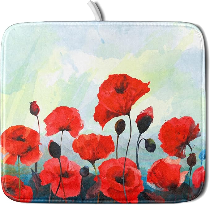 Red Poppy Dish Drying Mat for Kitchen Counter by Kawani
