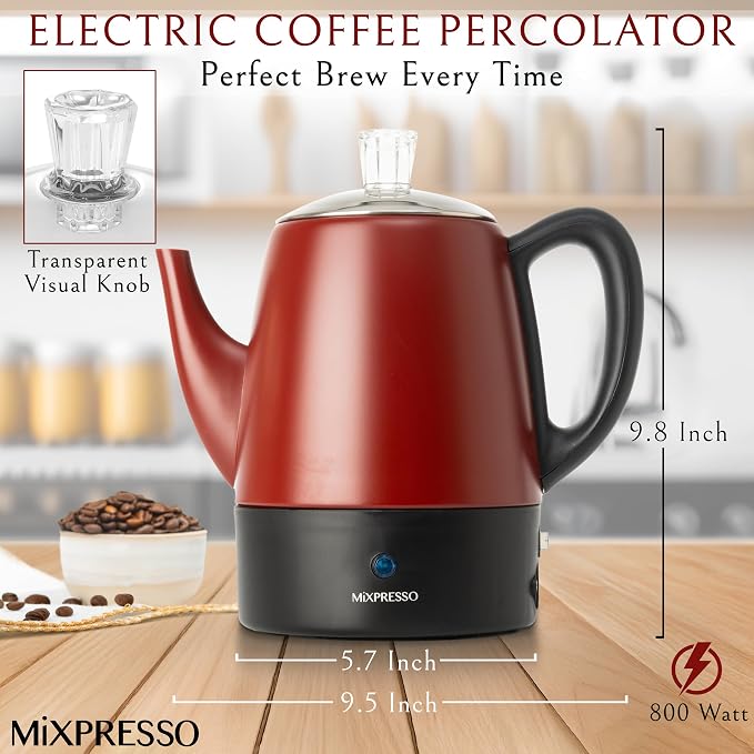 Mixpresso Red Small Electric Percolator Coffee Pot 4 Cup Stainless Steel - Image 2