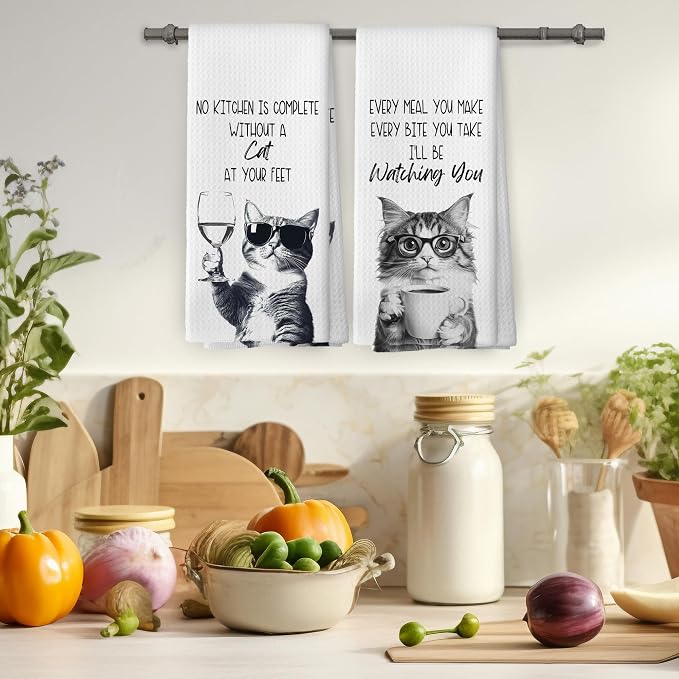 Funny Cat Kitchen Towels Set of 2, Cat Kitchen Accessories, Coffee Station Wine - Image 4