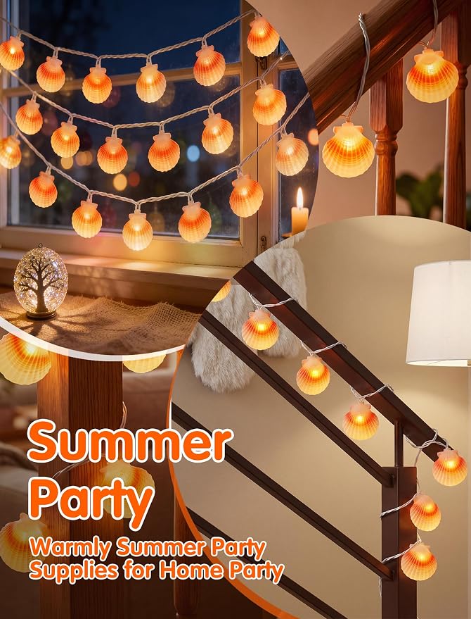 SUNSGNE 8.5FT LED Summer Seashell String Lights, 10 Textured Translucent Shell - Image 3