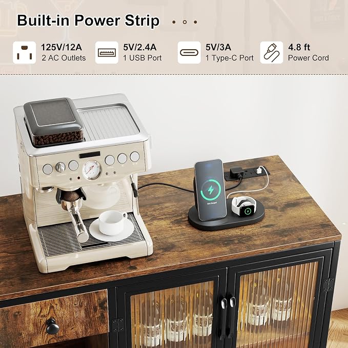 Giantex Buffet Sideboard with Power Outlets and LED Light, Industrial Kitchen - Image 4
