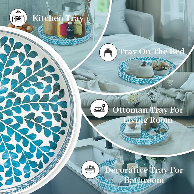 MAONAME Blue Decorative Tray, Leaf Pattern Sticker Trays - Image 7