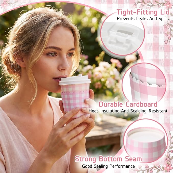 Mimorou 48 Set Pink Gingham Disposable Coffee Cups - Image 3