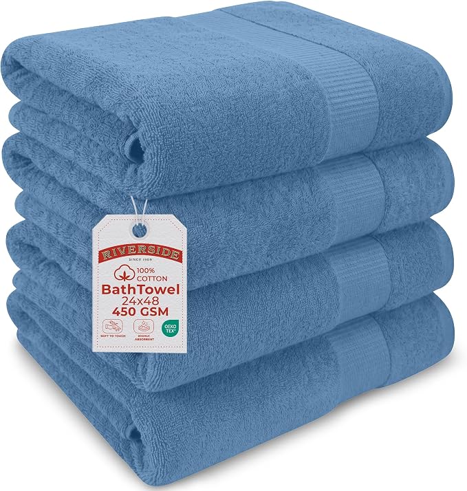 RIVERSIDE Medium Bath Towel Set of 4, 24x48 Inches – 100% Ring-Spun Cotton Bath by RIVERSIDE