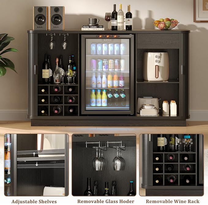 Coffee Bar Cabinet with Fridge Space, Liquor Wine Bar Cabinets with Wine Rack - Image 3