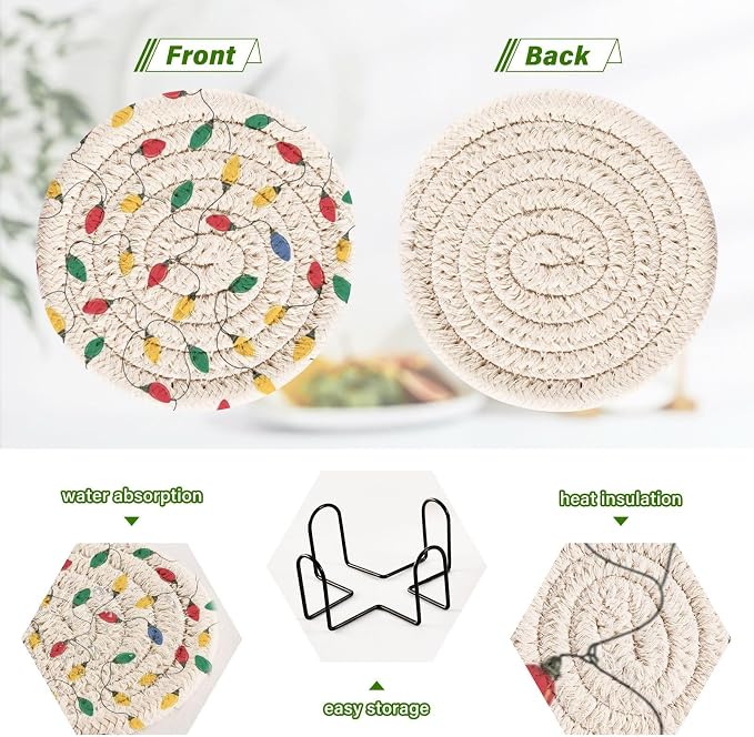 Bar Coasters for Drink Christmas String Lights Cotton Woven Coaster - Image 4