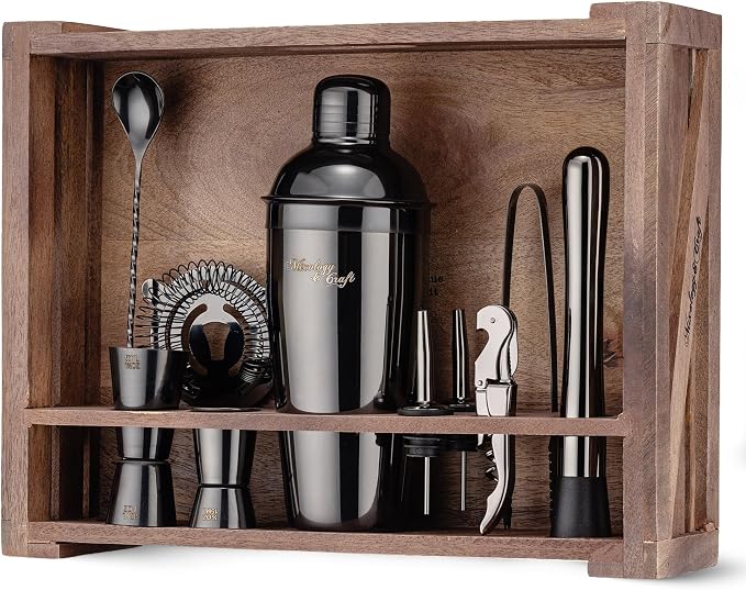 Mixology & Craft Rustic Cocktail Shaker Set – Includes Wood Stand, Complete by MixologyCraft