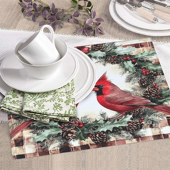 Large Dish Drying Mat Two Cardinal Wreath Red Bow Pinecones Red Berries Plaid by Unknown
