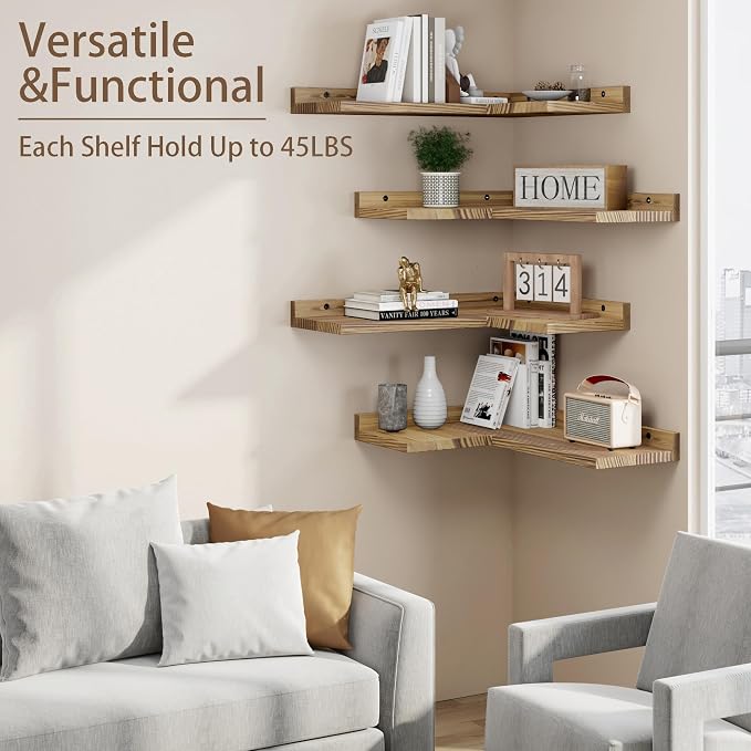 4 Tier Floating Corner Shelves Set of 4, Rustic Pine Wood Floating Corner Wall - Image 3