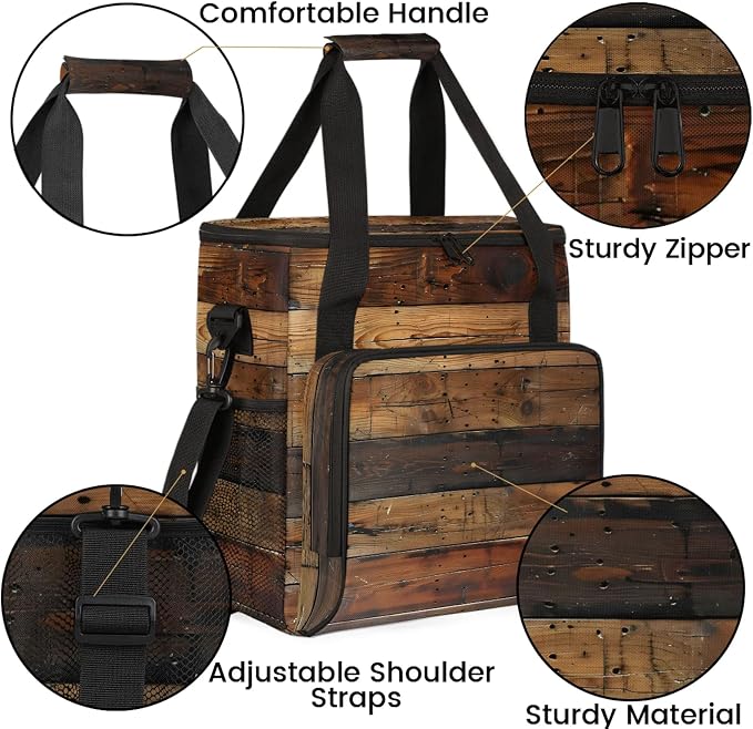 Farmhouse Brown Wooden Coffee Maker Carring Bag, Large Insulated Storage - Image 6