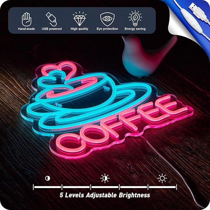 Coffee Neon Sign for Business, USB Powered Dimmable Bright Signs for Coffee - Image 4