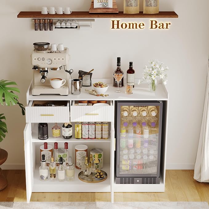 Garvee Coffee Bar Cabinet with Fridge Space, Fluted Wine Cabinet with Charging - Image 7