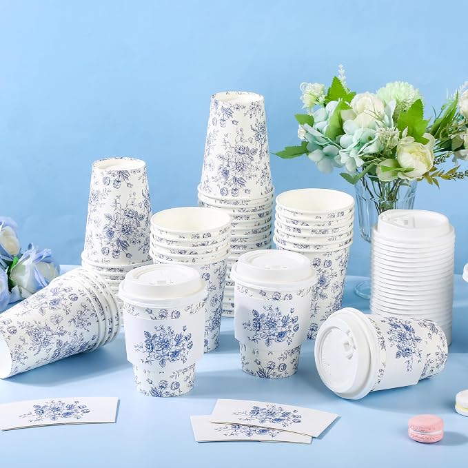 50Pcs Blue Floral Disposable Paper Coffee Cups - Image 3