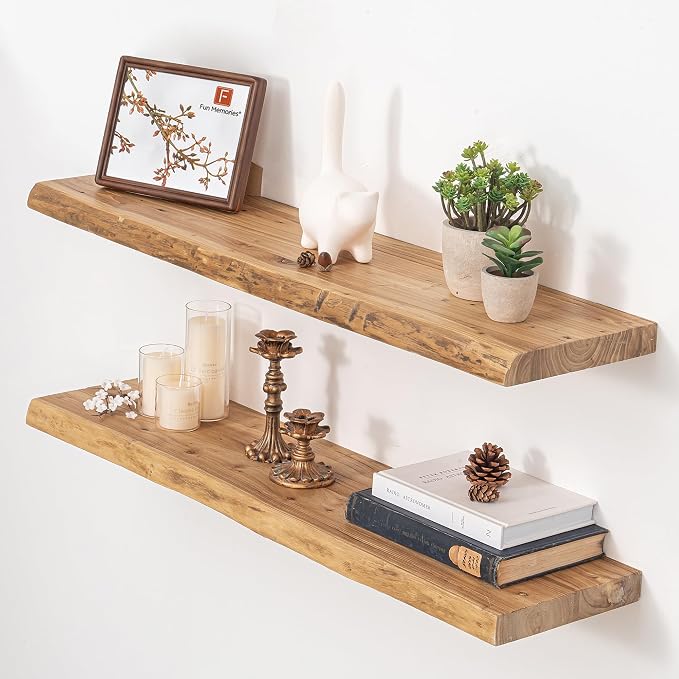 Fun Memories Floating Shelves for Wall Decor, Rustic Solid Elm Wood Live Edge by FunMemories