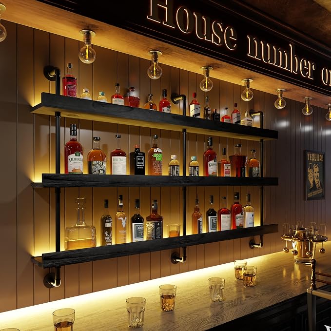 Wall Mounted Wine Rack with LED Light, LED Industrial Pipe Liquor Bar Shelves by Anynice