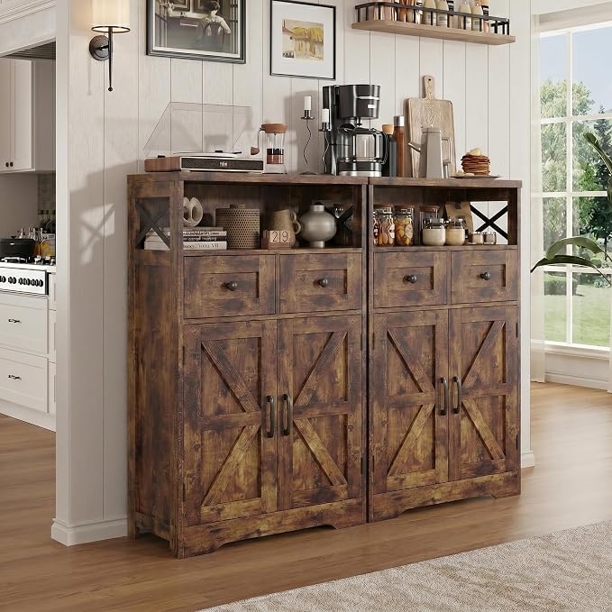 Rustic Brown Farmhouse Storage Cabinet Set of 2, Small Kitchen Pantry Cabinet - Image 2