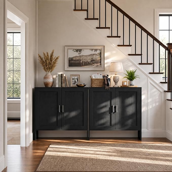 DHZ Buffet Cabinet with Storage, Farmhouse Sideboard with Black Rattan Doors & - Image 6
