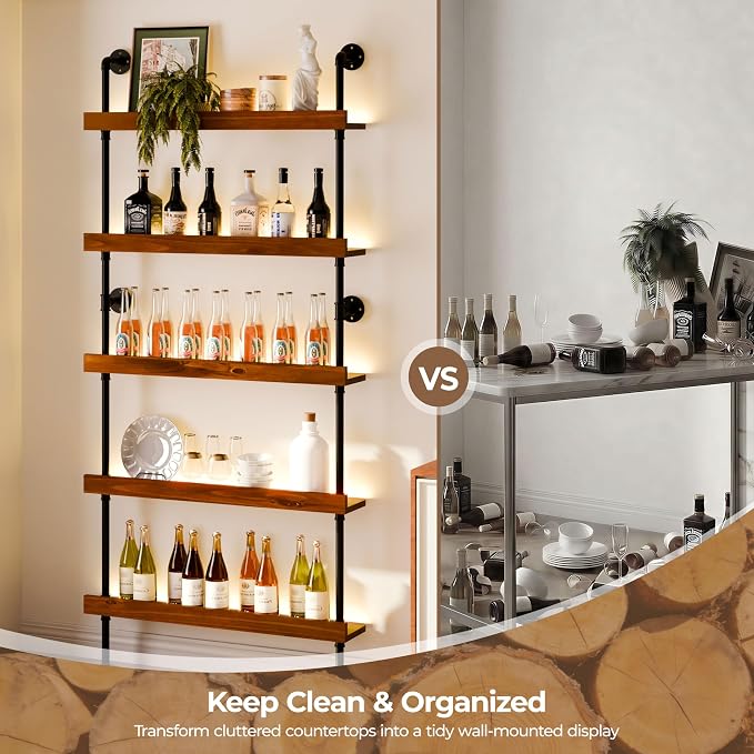 Wall Mounted Wine Rack with LED Light, LED Industrial Pipe Liquor Bar Shelves - Image 7