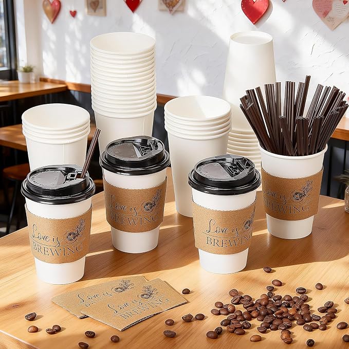 Pickmesh 50 Sets 12 oz Wedding Coffee Paper Cup Sets, Love Is Brewing - Image 4