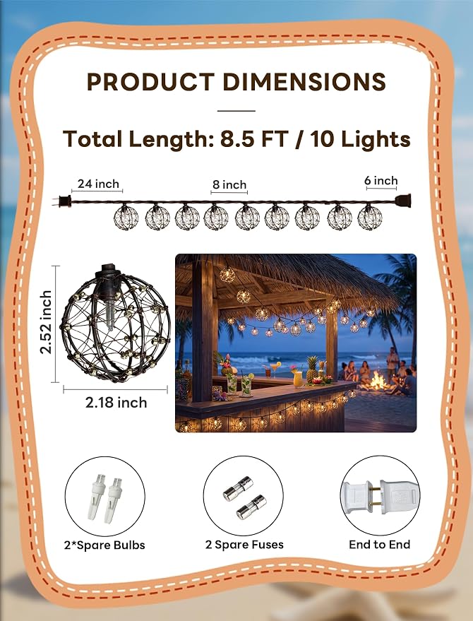 Abeja LED Outdoor Patio Lights, 8.5Ft Beaded Copper Wire Ball Style Lantern - Image 2