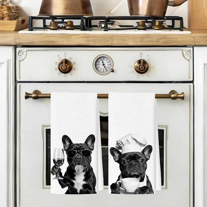 Funny French Bulldog Kitchen Towels Set of 2, Dog Kitchen Bar Accessories - Image 2