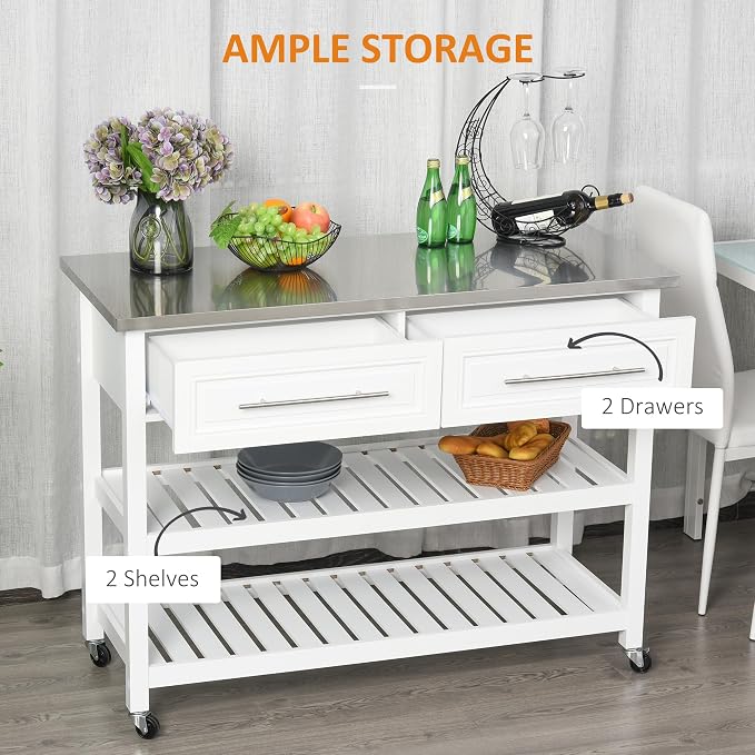 Kitchen Island on Wheels with Stainless Steel Top, Serving & Storage, Farmhouse - Image 4