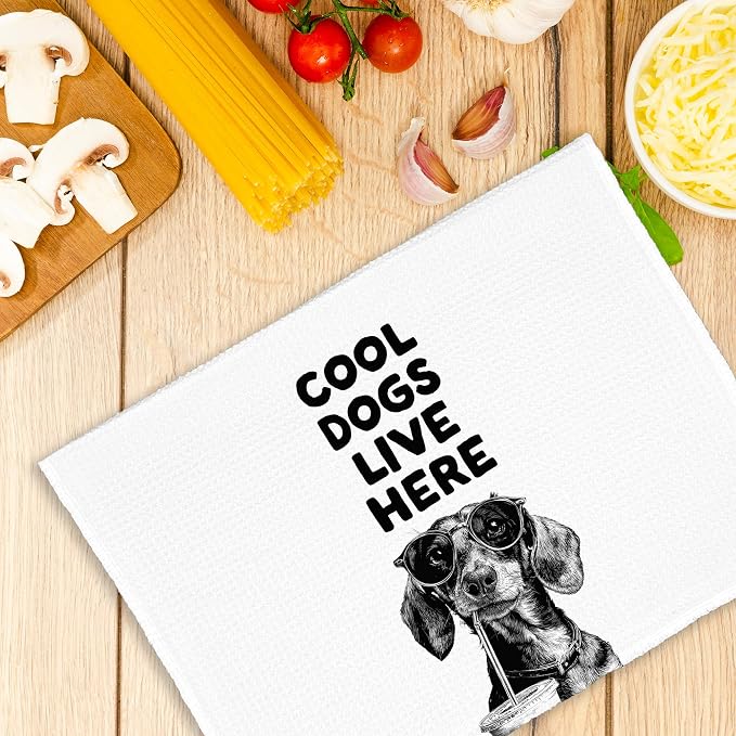 Funny Dog Dachshund Kitchen Towels, Cool Dogs Live Here Dish Towel Gifts - Image 4