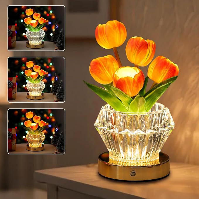 Tulip Flower Lamp with Diamond Vase, 3 Color LED Night Light, Dimmable Touch by Hibeauti