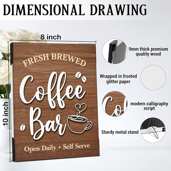 Coffee Bar Sign Decor, Fresh Brewed Coffee Wooden Signs - Image 2