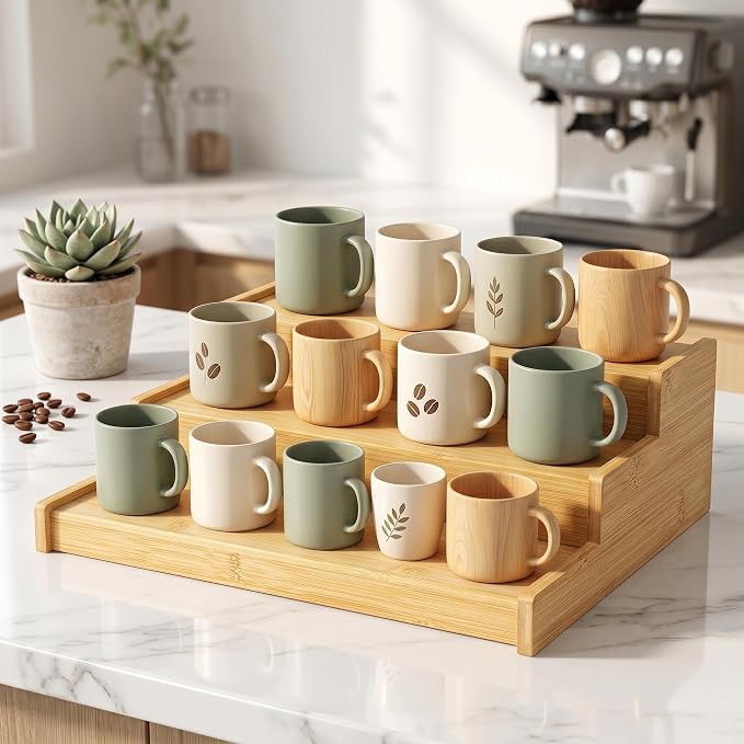 3-Tier Expandable Bamboo Mug Holder Shelf Rack - Image 5