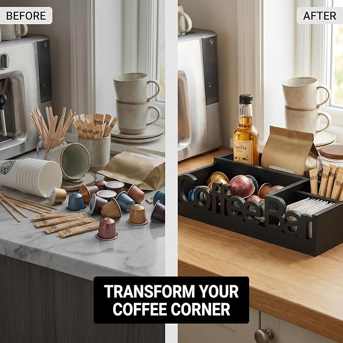 Coffee Bar Organizer Countertop, Wood Caddy - Image 8