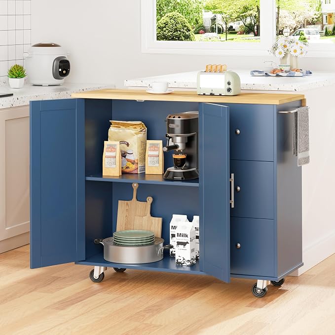 Shintenchi Kitchen Island with Folding Drop Leaf, Rolling Island Table with - Image 7