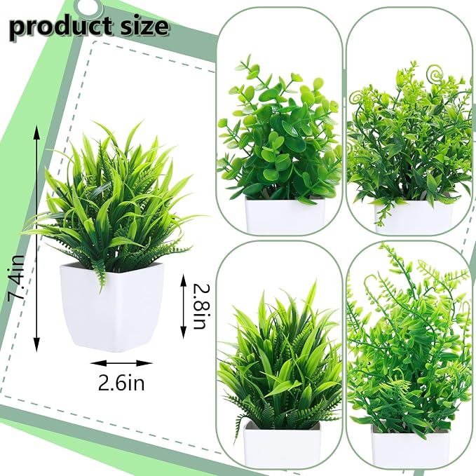 GREENTIME 4 Pcs Fake Plants Potted Small Artificial Plant Indoor Faux Greenery - Image 2