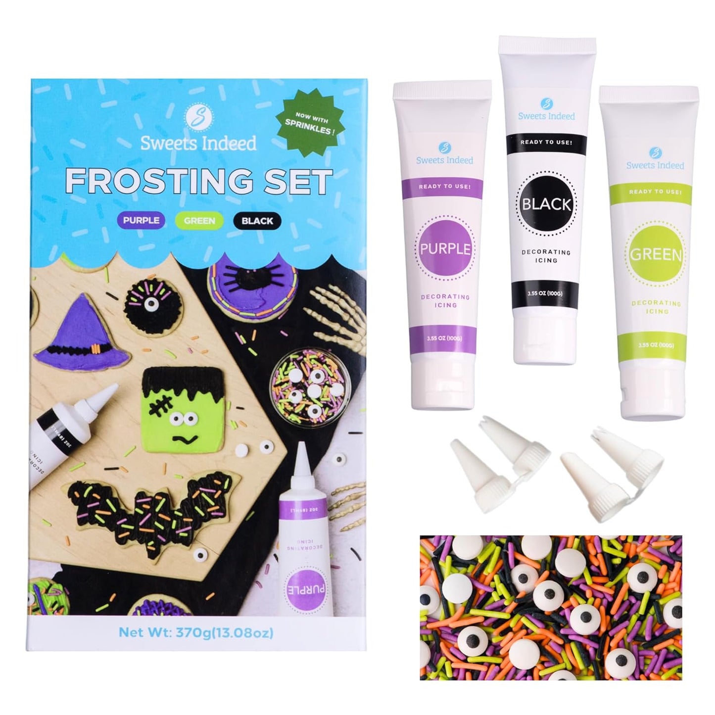 Sweets Indeed Frosting Kit plus Sprinkles Frosting Tubes nozzles 11.71 ounces Perfect for baking and cookie decoarting (Monster Mash)