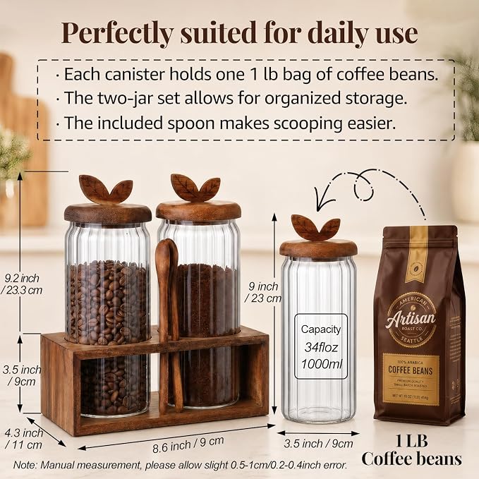 Airtight Coffee Sugar Canister Set, 2 × 34 floz Acacia Coffee Grounds Container - Image 3