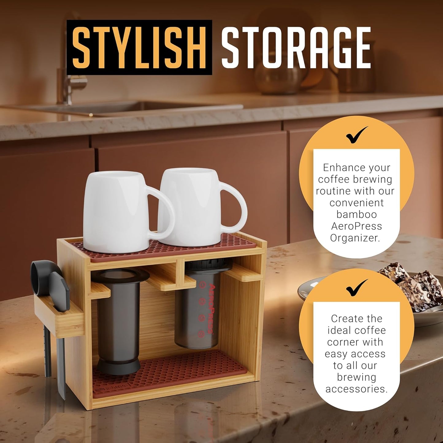 HEXNUB – Bamboo Organizer for AeroPress, Coffee Caddy Station Holds AeroPress Coffee Maker, Accessories, Filters, Cups, Stand includes Dripper Mats (Brown)