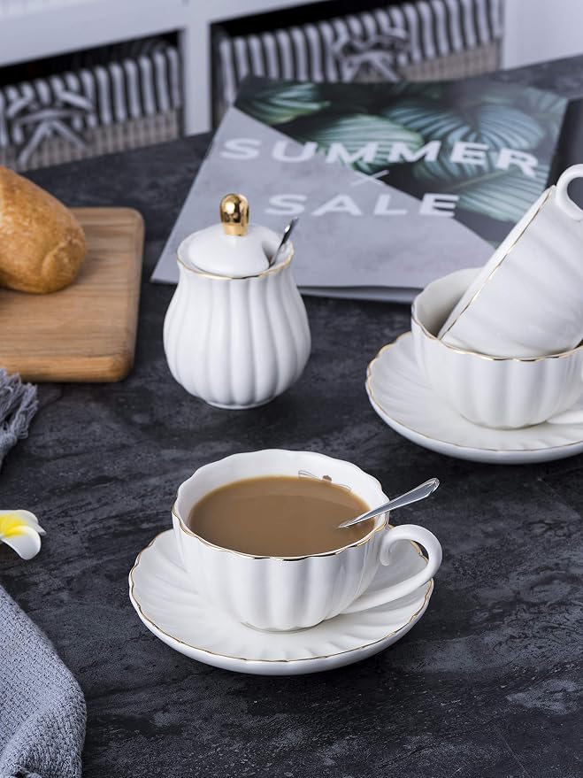 Jusalpha Porcelain Tea Set- 8 OZ White Coffee Cup/Teacup, Teapot and Creamer set - Image 6