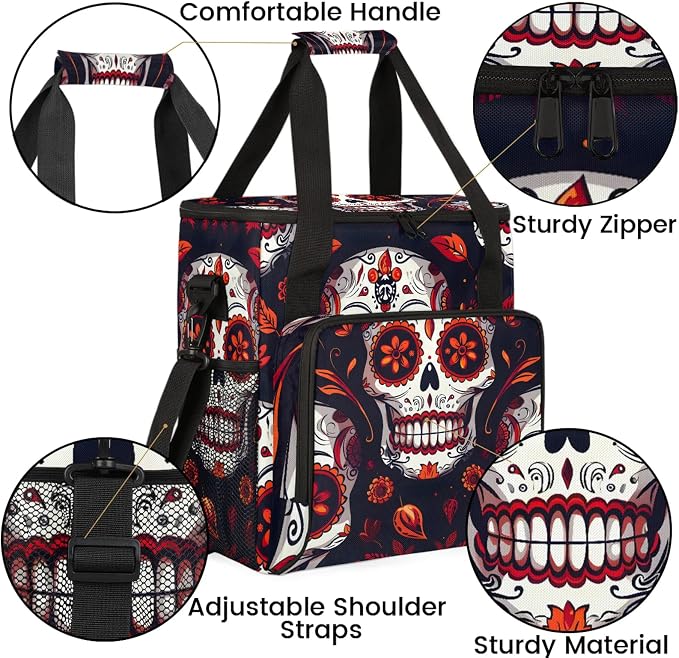 Sugar Skull Mexican Floral Skeleton Coffee Maker Carring Bag, Large Insulated - Image 6