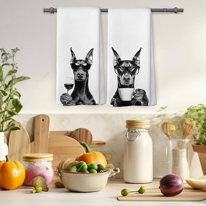 Funny Doberman Kitchen Towels Set of 2, Funny Dog Kitchen Accessories, Coffee - Image 4