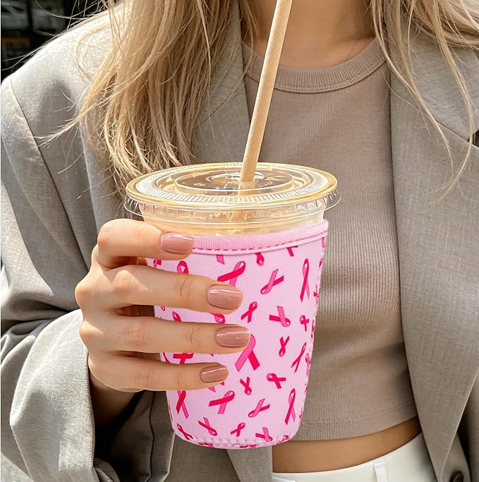 3 Pack Reusable Iced Coffee Cup Sleeve Pink Ribbon Beverage Holder - Image 9