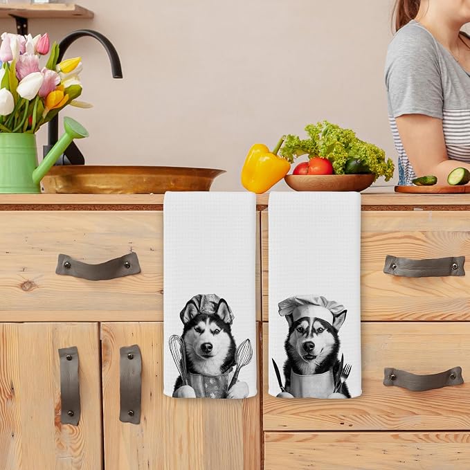 Funny Chef Siberian Husky Kitchen Towels Set of 2, Husky Lovers Gifts Dish Tea - Image 4