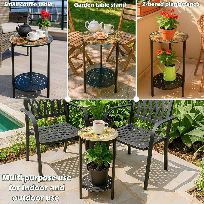 2-Tier Metal Round Side Table Black Accent Coffee Tables Small Space Corner - Image 6